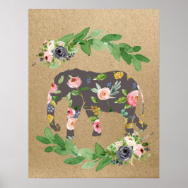 Elephant Rosa Blommigt Nursery Print Poster