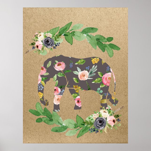 Elephant Rosa Blommigt Nursery Print Poster (Framsidan)