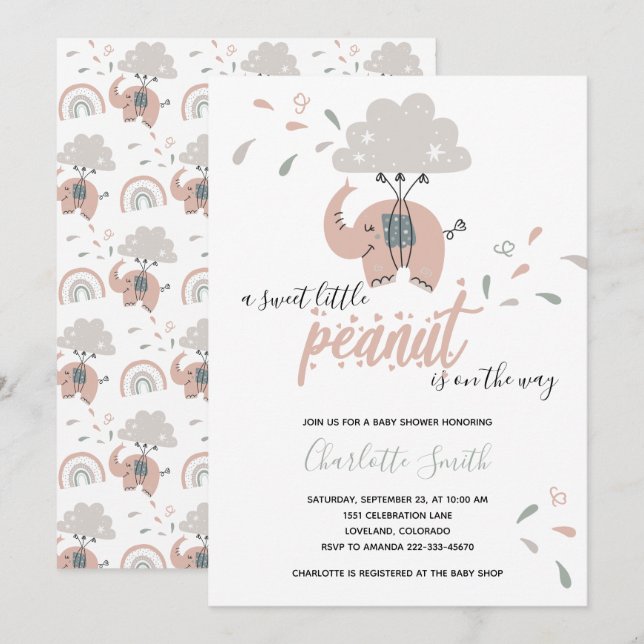 Elephant Rosa Cute Girl Baby Shower Inbjudningar (Fram/baksida)