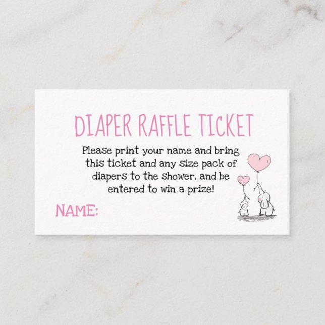 Elephant Rosa Diaper Raffle Biljett Baby Shower Tilläggskort (Framsida)