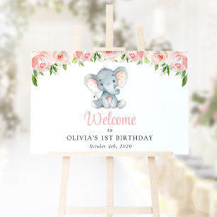 Elephant, Rosa Flowers, First Birthday Welcome Poster