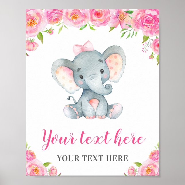 Elephant Rosa Girl Baby Shower Sprinkle Birthday Poster (Framsidan)