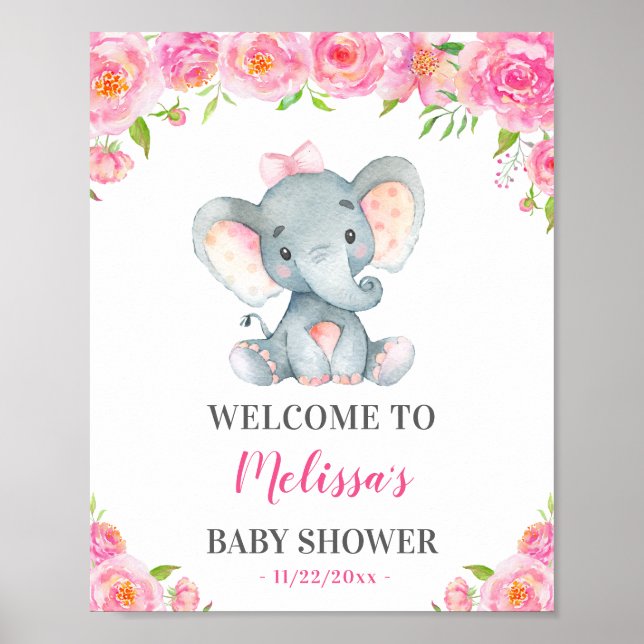 Elephant Rosa Girl Baby Shower Sprinkle Välkommen Poster (Framsidan)