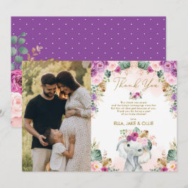 Elephant  Rosa Lila Blommigt Girl Baby Shower Tack Kort