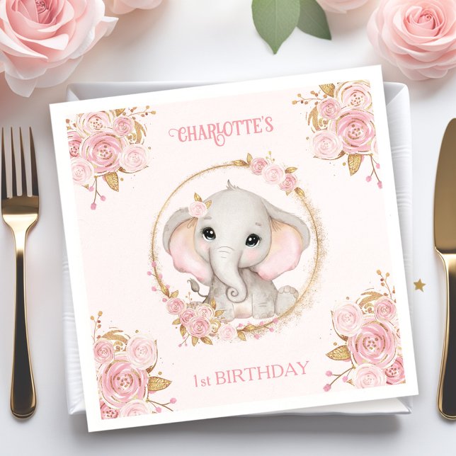 Elephant Rosa ros Blommigt 1st Birthday Napkins Pappersservett (Elephant Pink Rose Floral 1st Birthday Napkins)