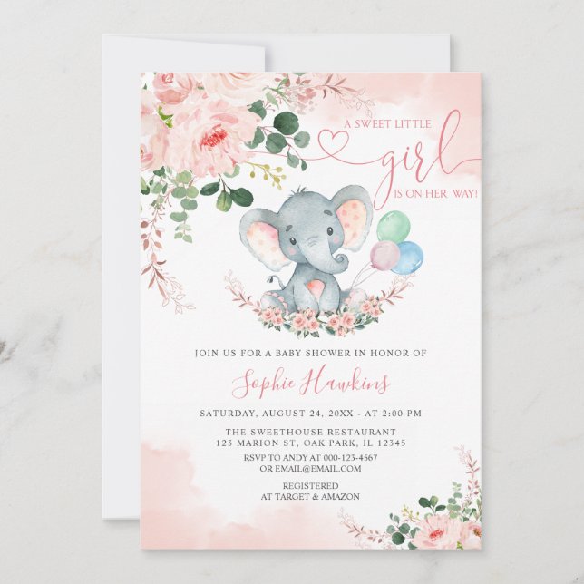 Elephant  Rosa Sweet Little Girl Baby Shower Inbjudningar (Framsida)