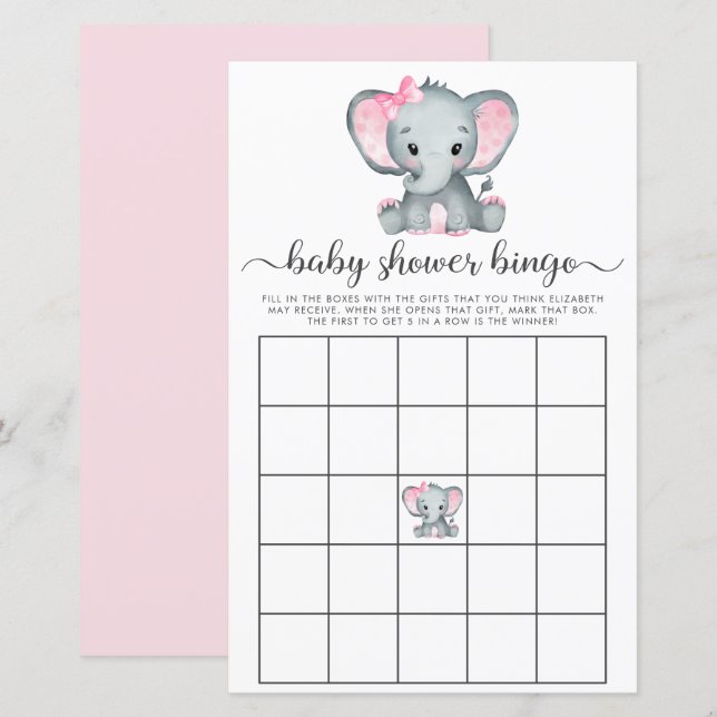 Elephant Rosa Watercolor Baby Bingo Shower Game (Fram/baksida)