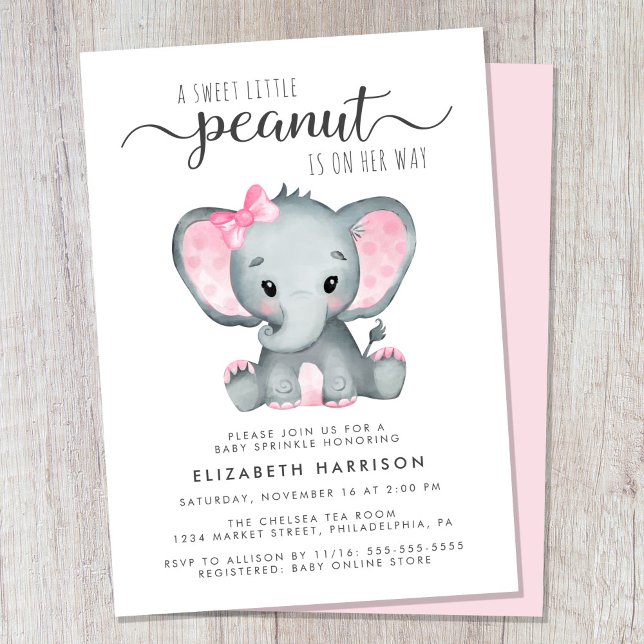Elephant Rosa Watercolor Flicka Sprinkle Inbjudningar (Cute baby girl sprinkle invitation)