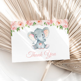 Elephant, Rosa Watercolor Flowers, första födelsed Tack Kort
