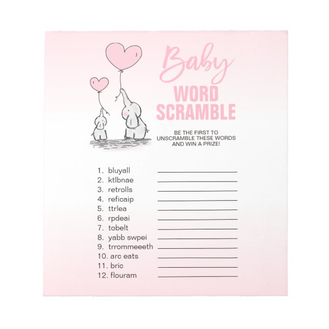 Elephant Rosa White Girl Baby Shower ORD SCRAMBLE Anteckningsblock (Framsida)