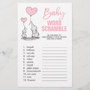 Elephant Rosa White Girl Baby Shower ORD SCRAMBLE Flygblad