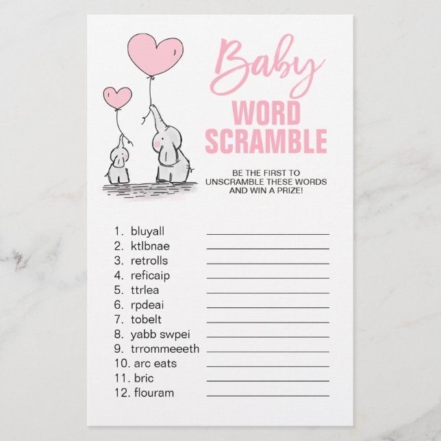 Elephant Rosa White Girl Baby Shower ORD SCRAMBLE Flygblad (Framsidan)