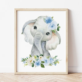 Elephant, Safari, Blåa blommor, Boy Nursery Poster