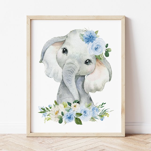 Elephant, Safari, Blåa blommor, Boy Nursery Poster (Skapare uppladdad)