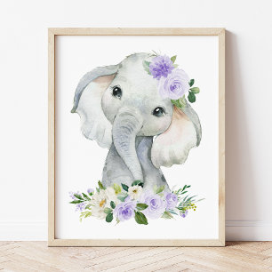 Elephant, Safari, Lila blommor, Gender Neutral Poster