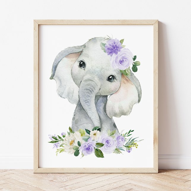 Elephant, Safari, Lila blommor, Gender Neutral Poster (Skapare uppladdad)