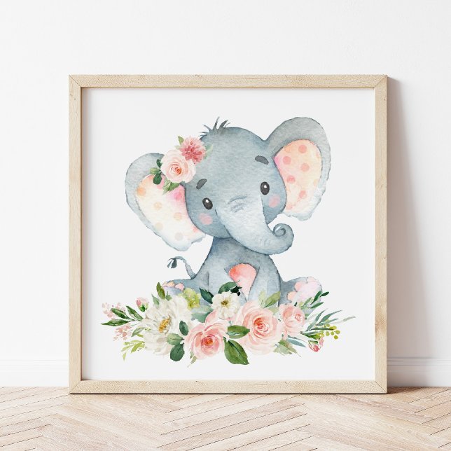 Elephant, Safari, Rosa Flowers, Girl Nursery Poster (Skapare uppladdad)