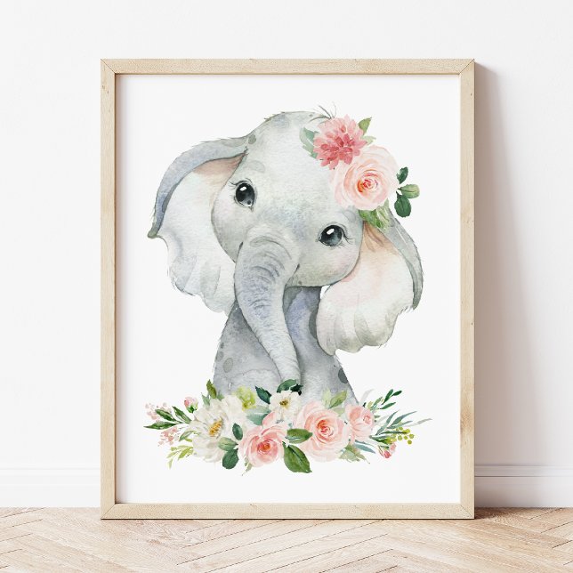 Elephant, Safari, Rosa Flowers, Girl Nursery Poster (Skapare uppladdad)