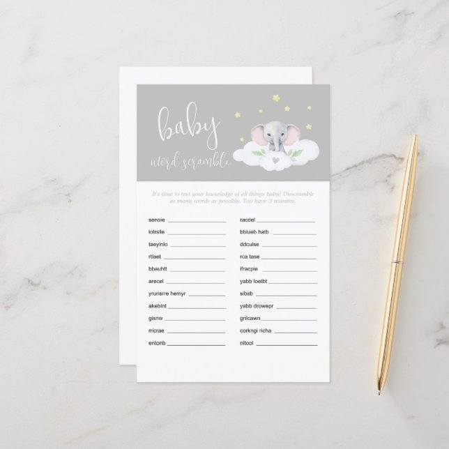 Elephant Shower Baby Ord Scramble Game Grått (Fram/Back In Situ)