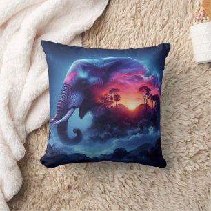 Elephant Silhouette sammanslagen med Vibrant Sunse Kudde