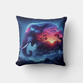 Elephant Silhouette sammanslagen med Vibrant Sunse Kudde