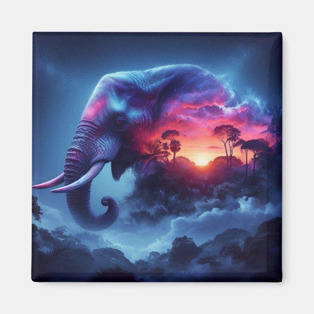 Elephant Silhouette sammanslagen med Vibrant Sunse Magnet (Framsidan)