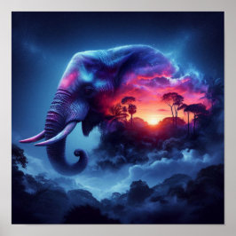 Elephant Silhouette sammanslagen med Vibrant Sunse Poster