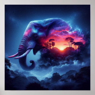 Elephant Silhouette sammanslagen med Vibrant Sunse Poster