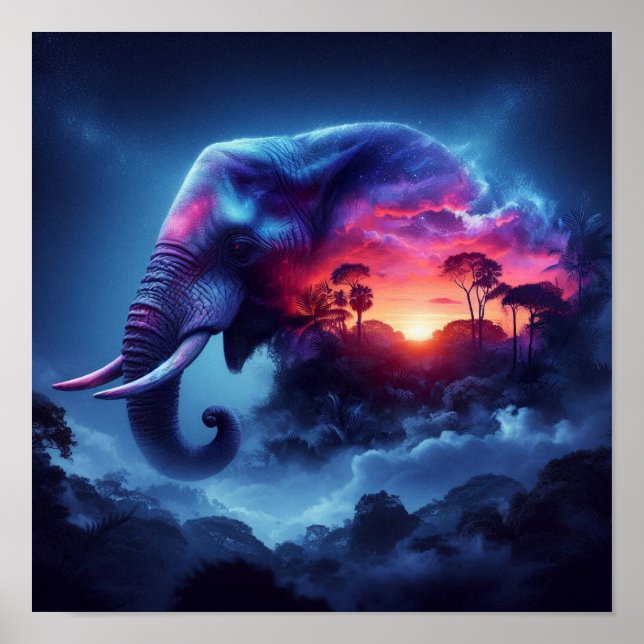Elephant Silhouette sammanslagen med Vibrant Sunse Poster (Framsidan)