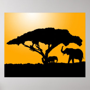 Elephant Silhouettes at Sunset Poster