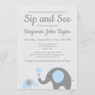 Elephant Sip och Se inbjudningar i Blue och Grått