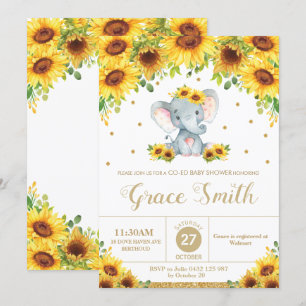 Elephant Solros Blommigt Co-Ed Baby Shower Girl Inbjudningar