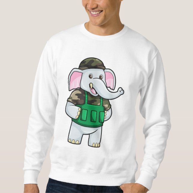 Elephant som soldat med Uniform & Helmet Lång Ärmad Tröja (Framsida)