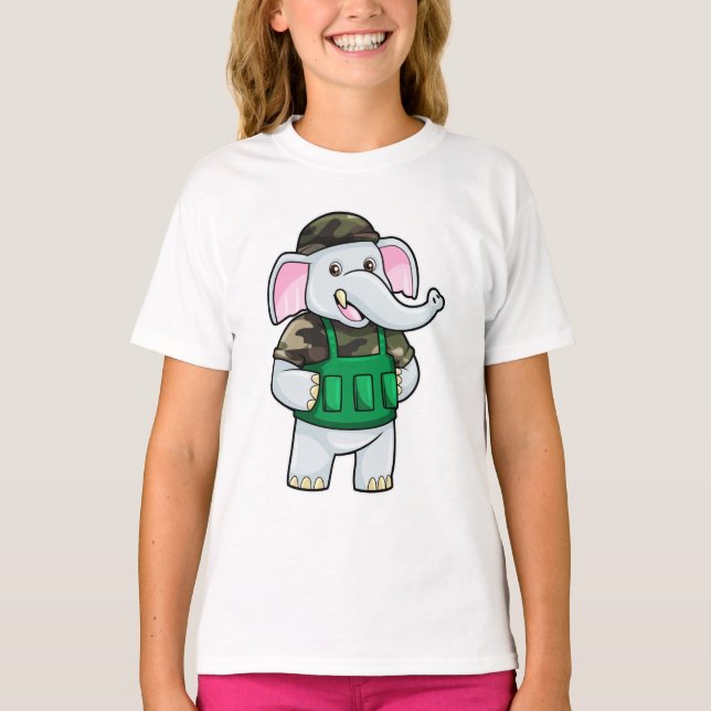 Elephant som soldat med Uniform & Helmet T Shirt (Framsida)