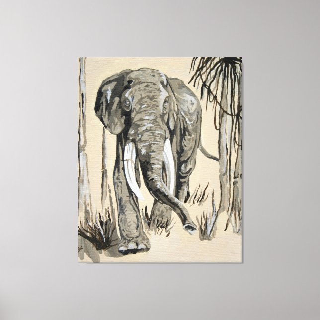 Elephant Strullande genom Wooded Savanna Art Canvastryck (Framsida)