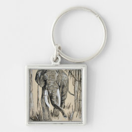 Elephant Strullande genom Wooded Savanna Art Fyrkantig Silverfärgad Nyckelring