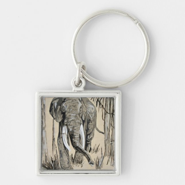 Elephant Strullande genom Wooded Savanna Art Fyrkantig Silverfärgad Nyckelring (Framsidan)