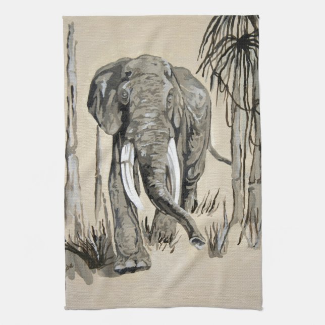 Elephant Strullande genom Wooded Savanna Art Kökshandduk (Vertikal)