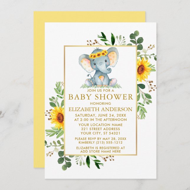 Elephant Sunblommblommor Greenery Baby Shower Guld Inbjudningar (Fram/baksida)