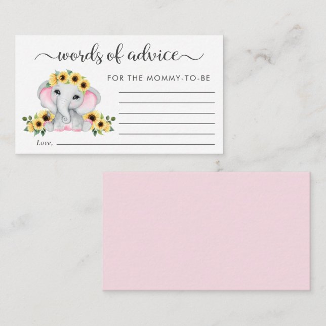 Elephant Sunblommor Ord of Advice Baby Shower Tilläggskort (Fram/baksida)