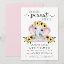 Elephant Sunblommor Rosa Watercolor Baby Shower