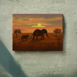Elephant Sunset Oljemålning - Wrapped Canvas Wall
