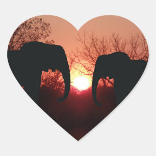 Elephant Sunset Silhouette Hjärtformat Klistermärke