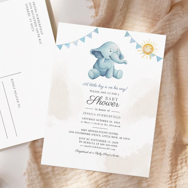 Elephant Sunshine Watercolor Boy Shower Inbjudan Vykort (Sunshine and Elephant Baby Shower Invitation Postcard)