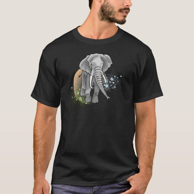 Éléphant sur coucher de soleil stylisé t-shirt (Framsida)