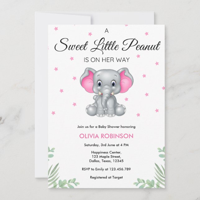 Elephant Sweet Little Peanut Girl Shower Inbjudningar (Framsida)