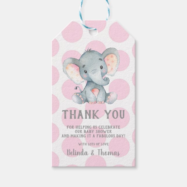 Elephant Tack Baby Shower Gift märkre Rosa Presentetikett (Framsidan)