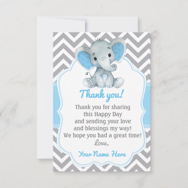 Elephant Tack You Card Blue Grått Chevron Boy (Framsida)