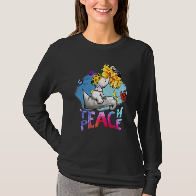 Elephant Teach Peace Sunblomma T Shirt (Framsida)