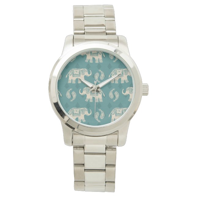 Elephant Teal Caravan Mönster Armbandsur (Framsida)